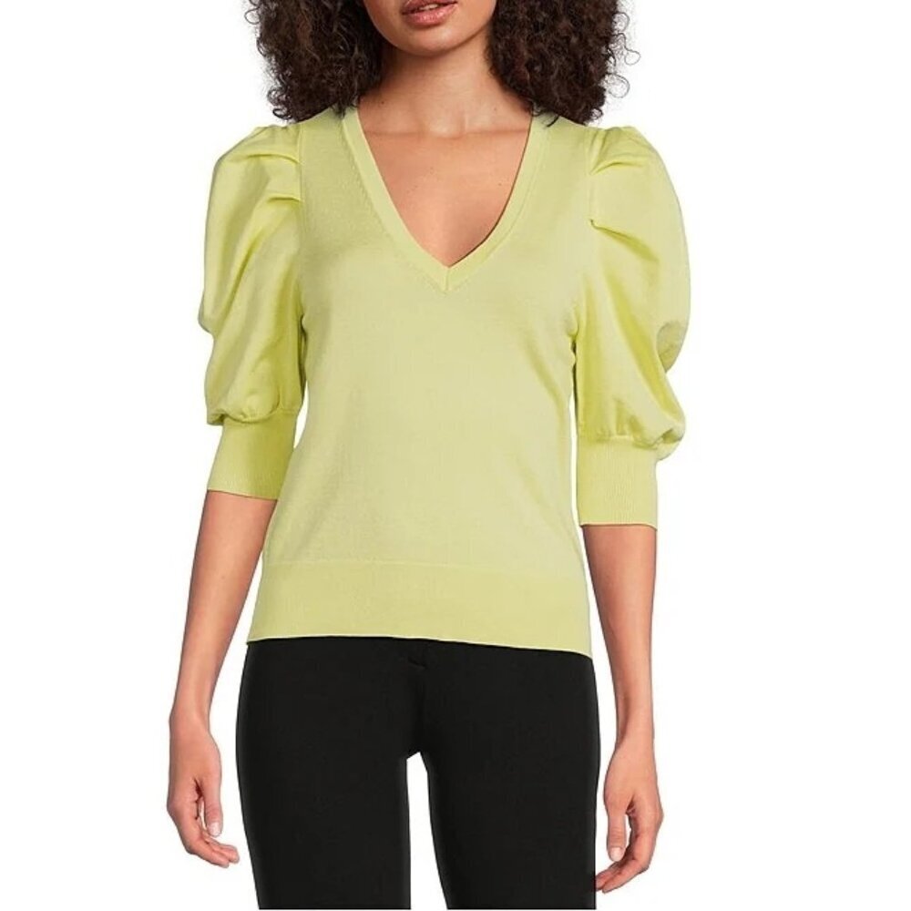 NWT DKNY lime lemon yellow puffed shoulder statement sleeve v-neck knit top, M